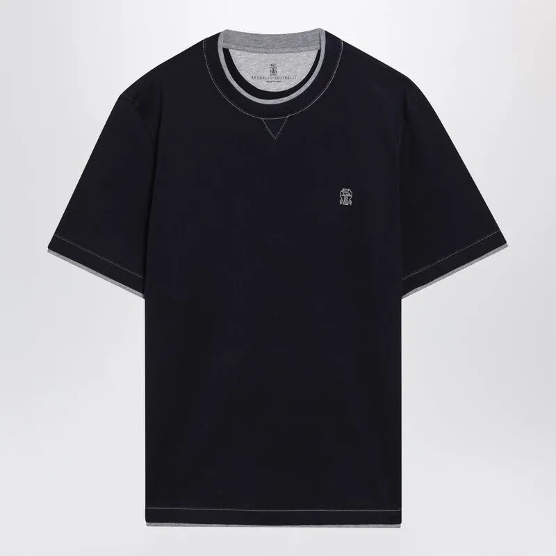Navy Blue T-Shirt With Faux Layering sold by Wanan Luxury