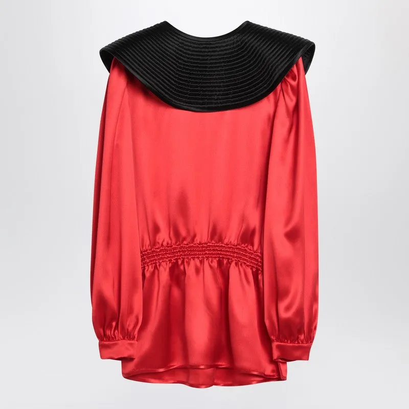 Red Silk Blouse With Black Collar sold by Wanan Luxury