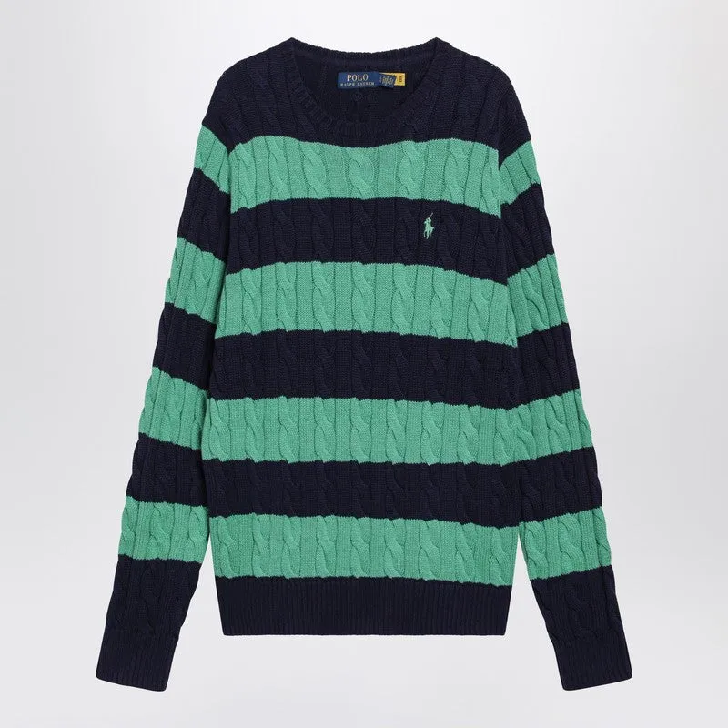 Navy Blue/Green Striped Cable Knit Sweater sold by Wanan Luxury