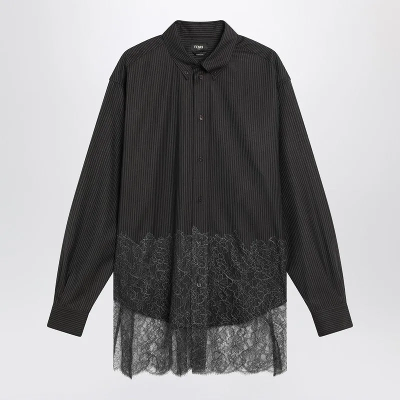 Espresso Pinstriped Wool Shirt With Lace sold by Wanan Luxury