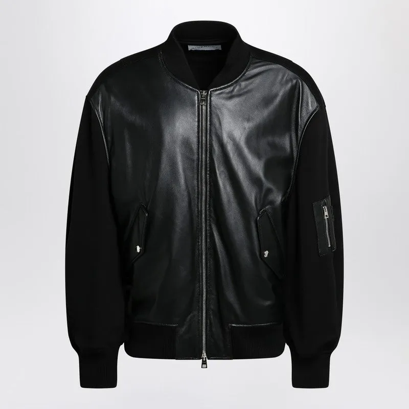 Black Leather Bomber Jacket With Wool Sleeves sold by Wanan Luxury
