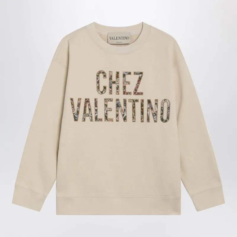 Ivory Cotton Sweatshirt With Chez Valentino Floral Motif sold by Wanan Luxury