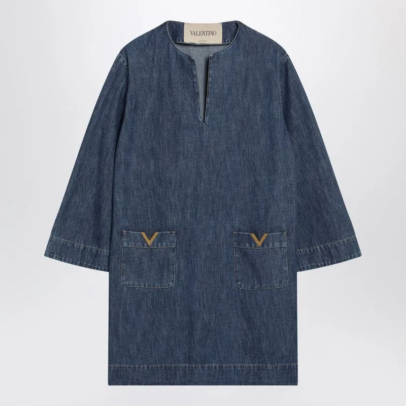 Denim Mini Dress With V Gold Details sold by Wanan Luxury