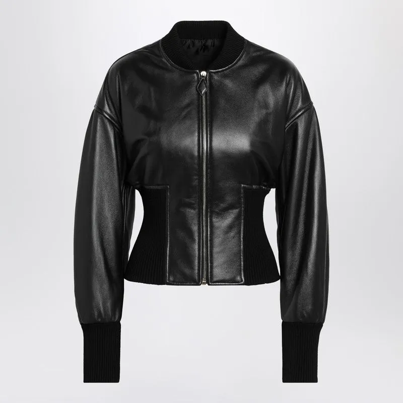 Black Leather Bomber Jacket With Band Detail sold by Wanan Luxury