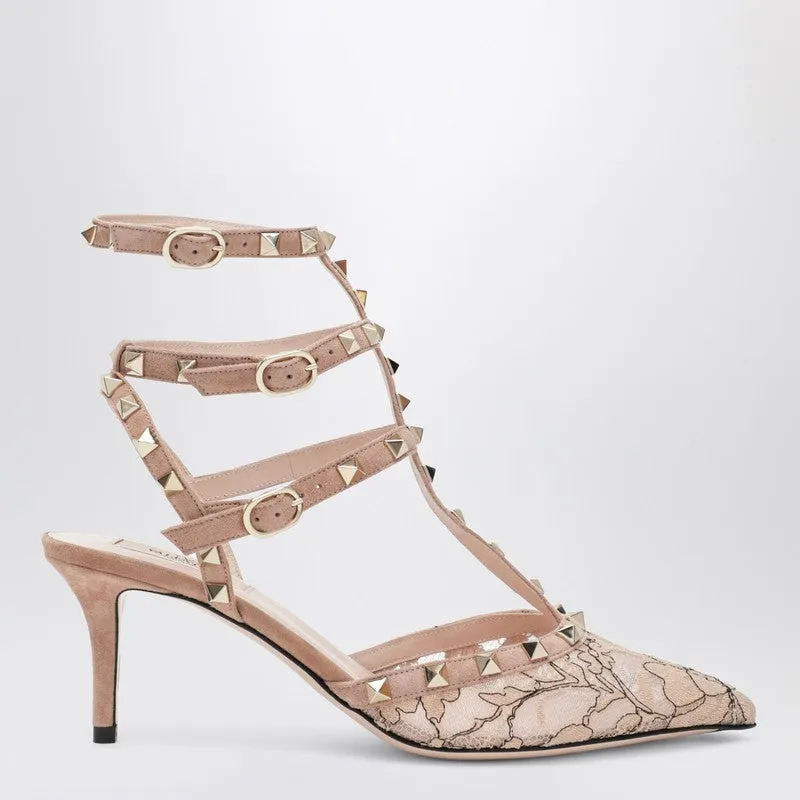 Light Pink Rockstud Lace Pumps sold by Wanan Luxury