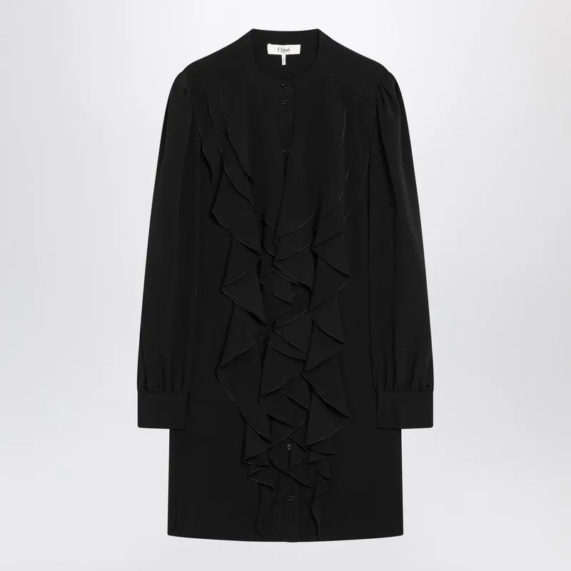 Black Ruffled Dress In Silk Blend sold by Wanan Luxury