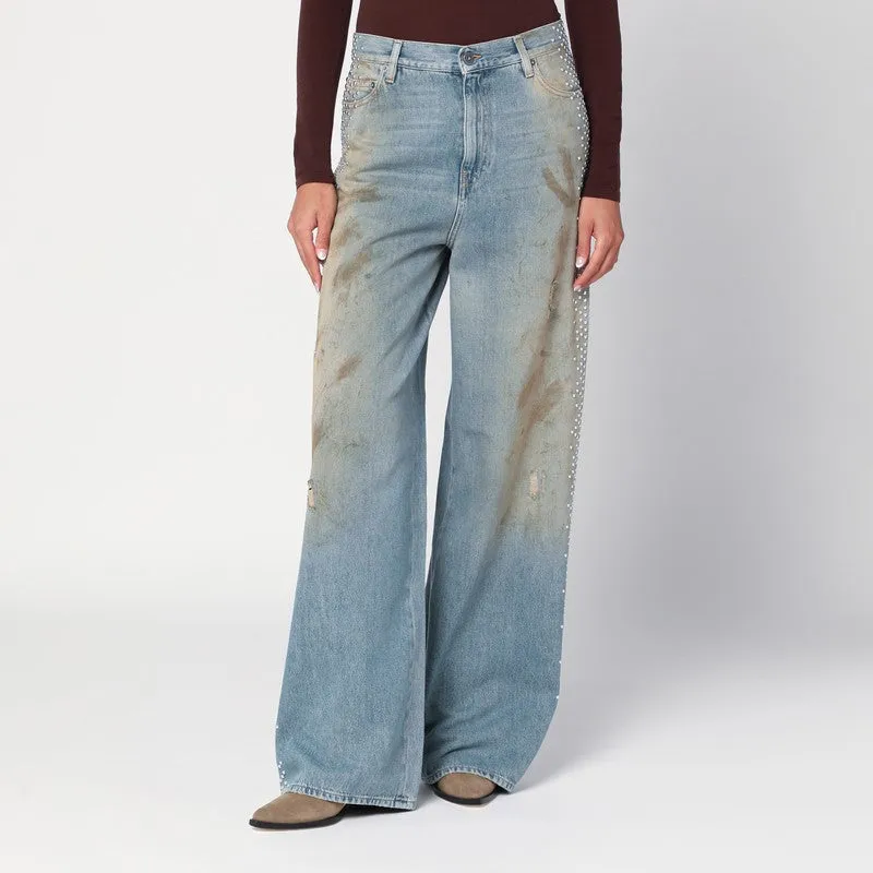 Wide Light Blue Jeans, Sand-Wash Distressed Effect sold by Wanan Luxury