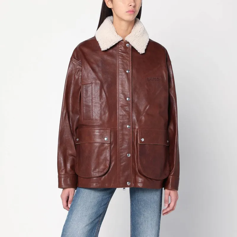 Brown Leather Jacket With Shearling Collar sold by Wanan Luxury