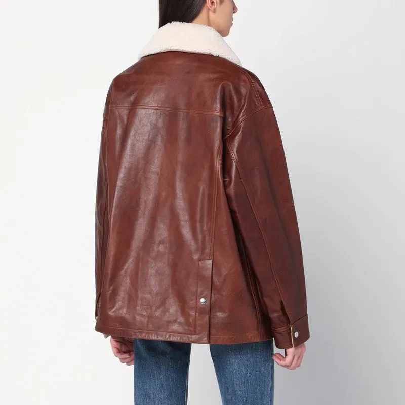 Brown Leather Jacket With Shearling Collar sold by Wanan Luxury product image thumbnail 2