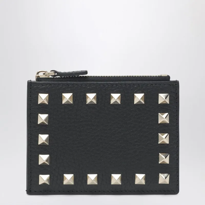 Black Leather Rockstud Zip Card Holder sold by Wanan Luxury