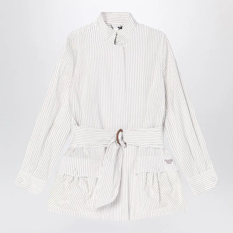 White Striped Cotton And Silk Blouson sold by Wanan Luxury