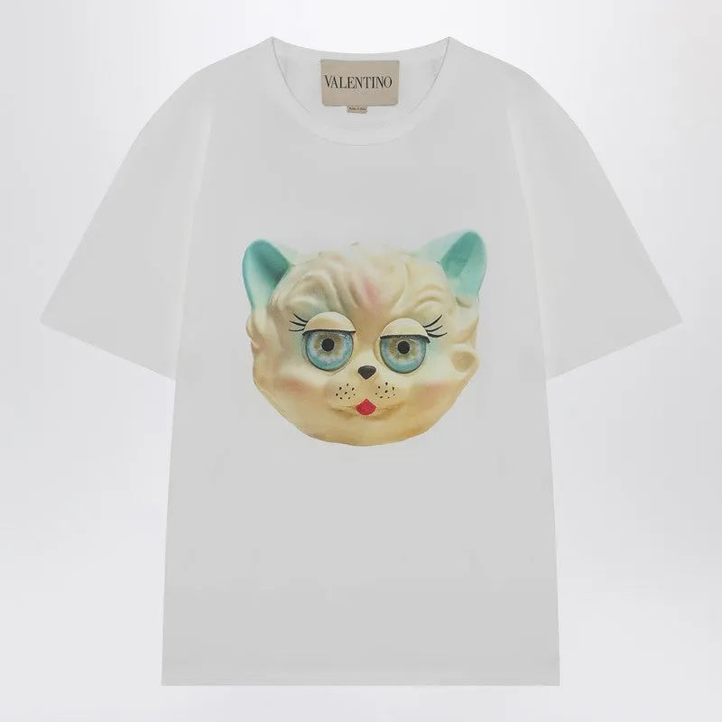 White T-Shirt With Le Chat De La Maison Print sold by Wanan Luxury