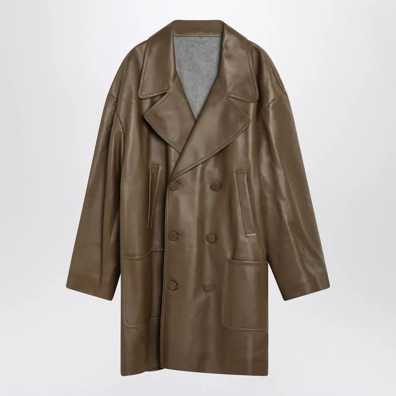 Double-Breasted Pea Coat In Dark Beige Nappa Leather sold by Wanan Luxury