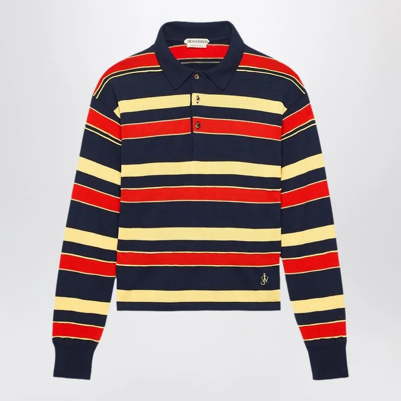 Navy Striped Cotton-Blend Polo Shirt sold by Wanan Luxury