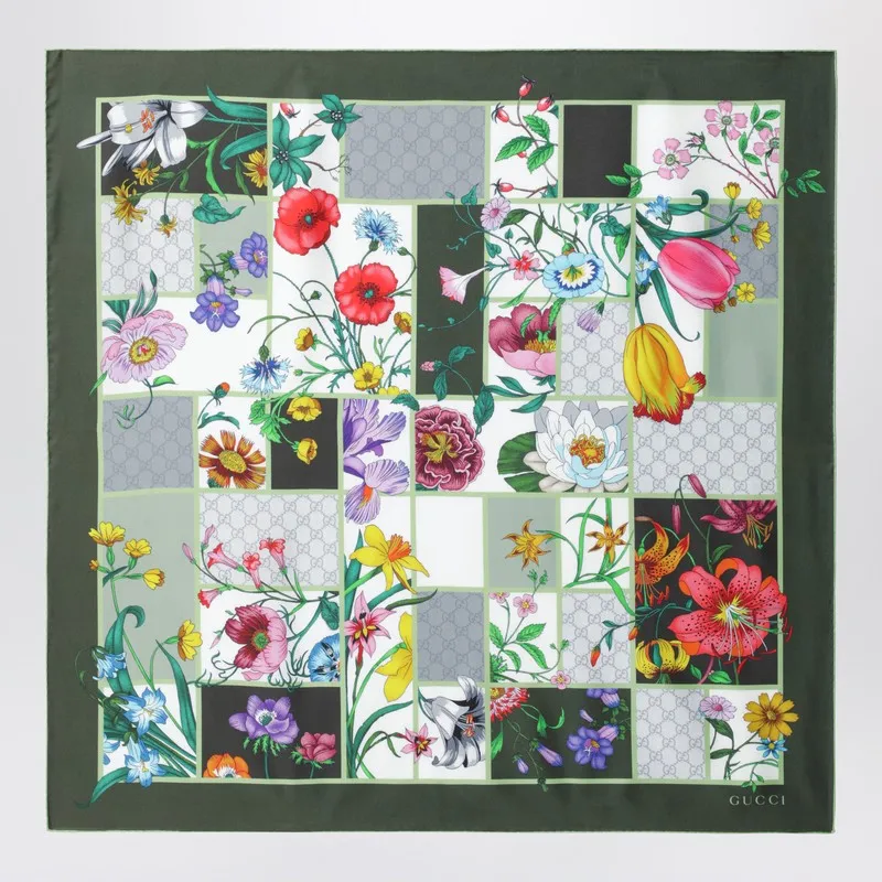 Green Silk Twill Scarf With Flora Print sold by Wanan Luxury product image thumbnail 2