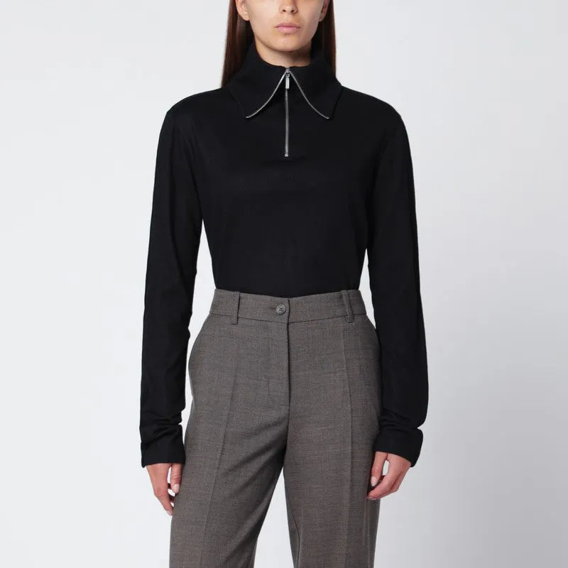 Black Wool Zip-Collar Top sold by Wanan Luxury