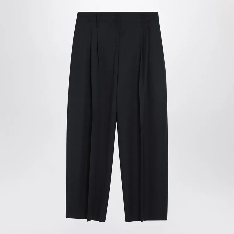 Wide Navy Blue Wool Trousers sold by Wanan Luxury