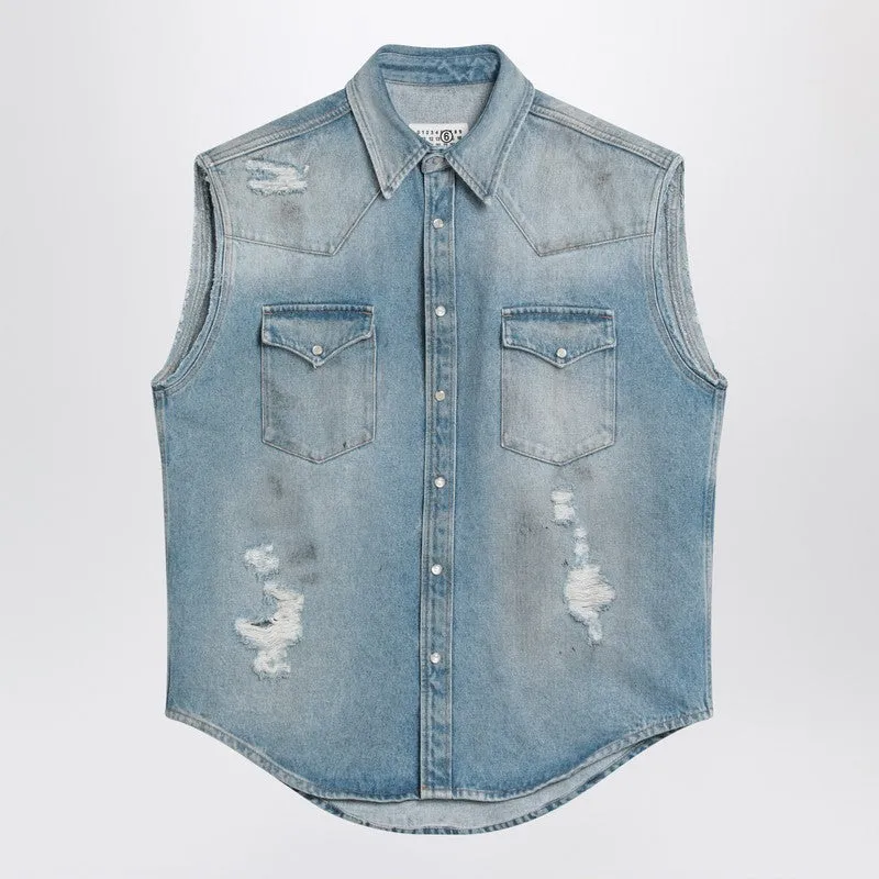 Faded Blue Vest With Rips made by Maison Margiela