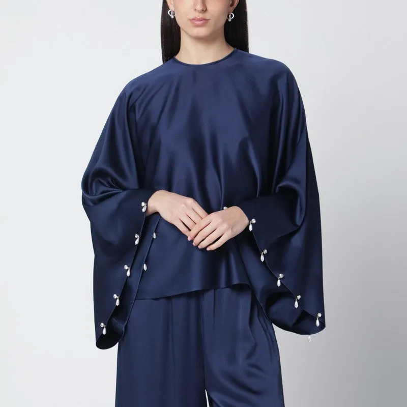 Navy Blue Oversized Viscose Satin Blouse sold by Wanan Luxury