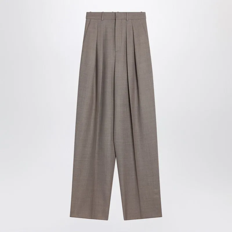 Wide Taupe Beige Wool Trousers sold by Wanan Luxury