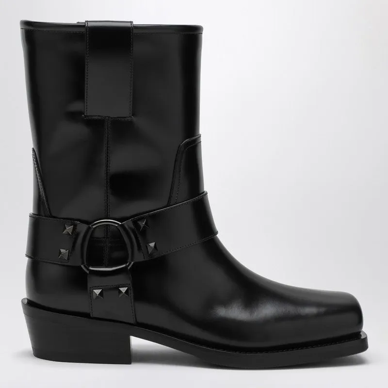 Black Leather Biker Rockstud Low Boot sold by Wanan Luxury