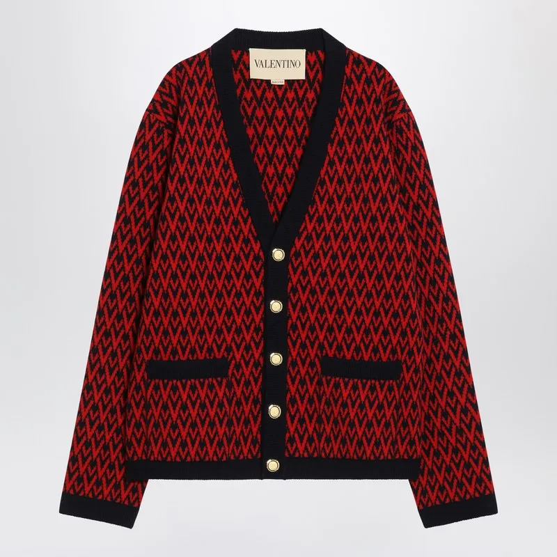 Jacquard Patterned Cardigan Toute La V Red/Navy Blue sold by Wanan Luxury