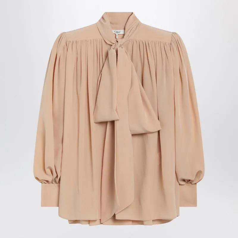 Ruched Sand-Coloured Blouse With Lavallière Tie sold by Wanan Luxury