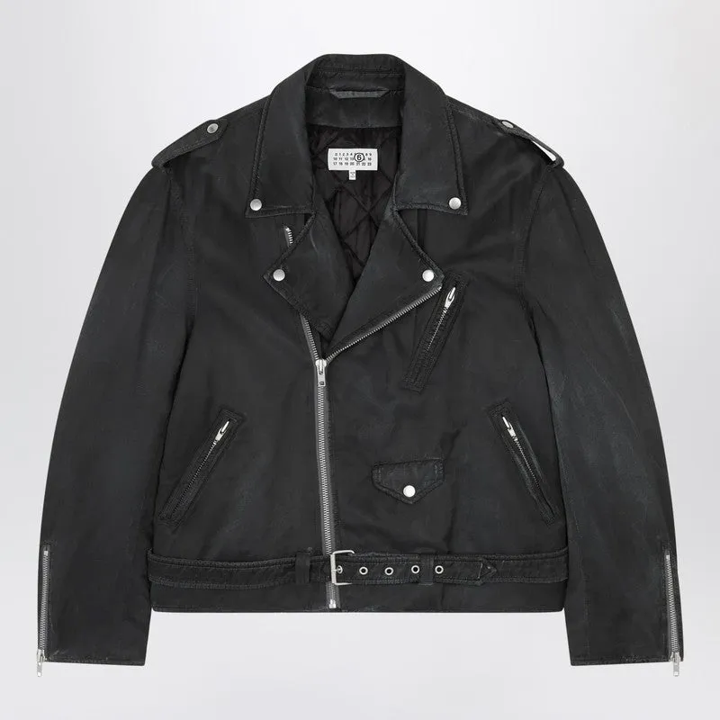 Black Washed-Effect Biker Jacket sold by Wanan Luxury