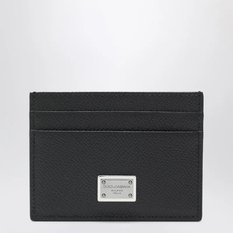 Black Dauphine Leather Card Holder With Logo Plaque sold by Wanan Luxury