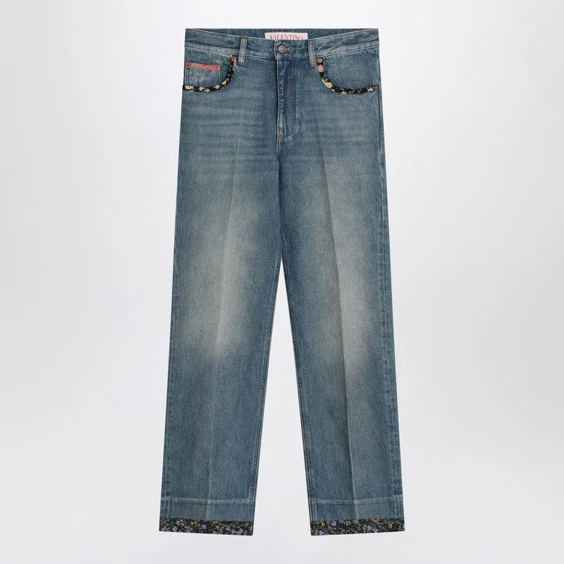 Washed Blue Jeans With Floral Fabric Trims sold by Wanan Luxury