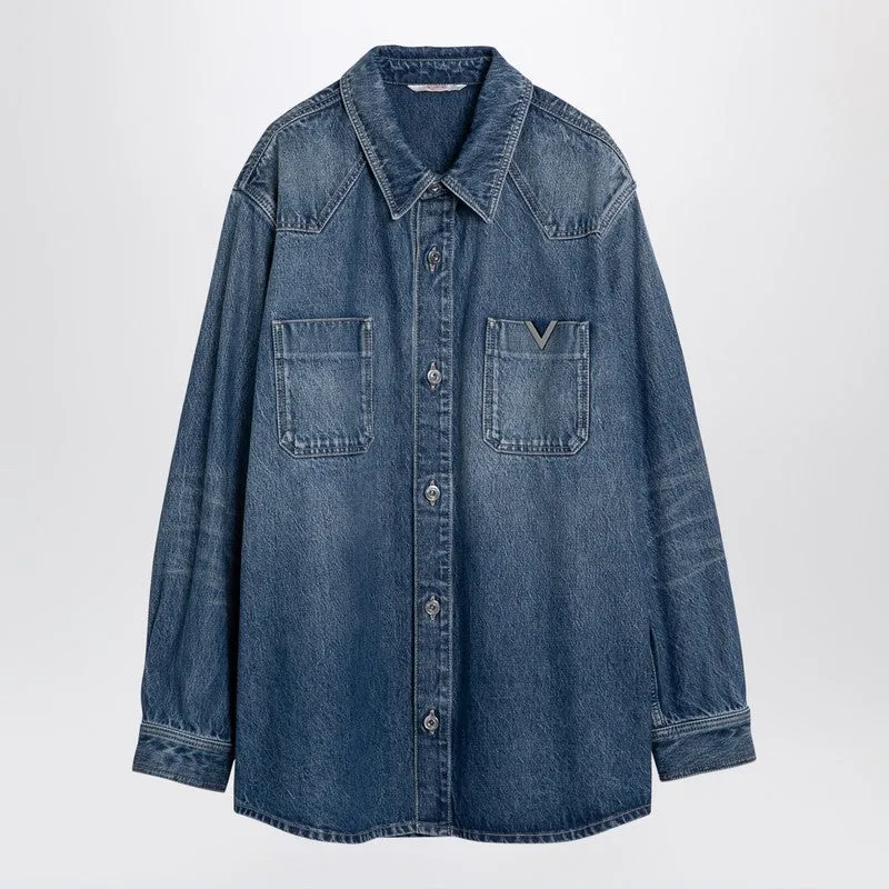 Blue Denim Shirt With V Detail sold by Wanan Luxury