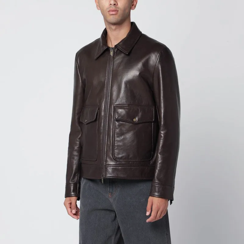 Brown Leather Zip Jacket sold by Wanan Luxury