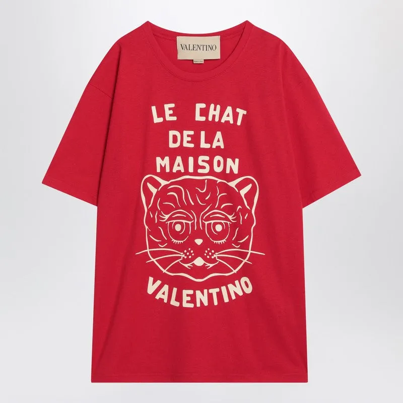 Red T-Shirt With Le Chat De La Maison Print made by Valentino