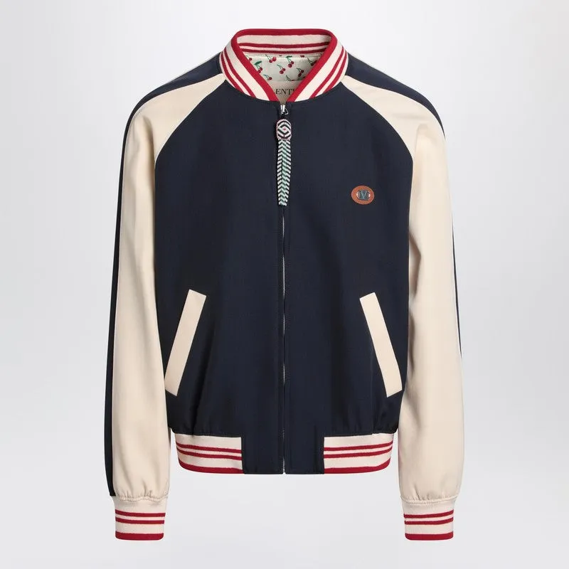 Blue/Cream Bomber With Mixed Wool V Logo sold by Wanan Luxury