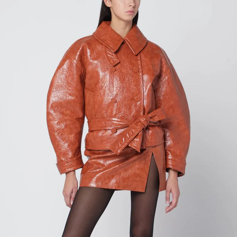 Tan Leather-Effect Belted Jacket made by The Andamane