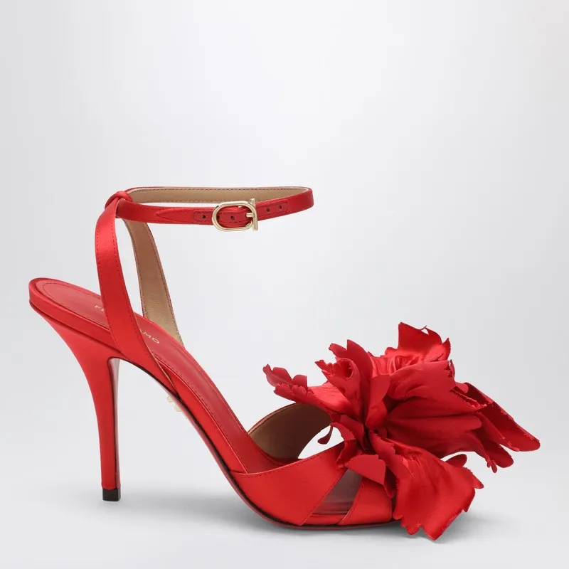 Red Satin Sandals With Flower made by Salvatore Ferragamo