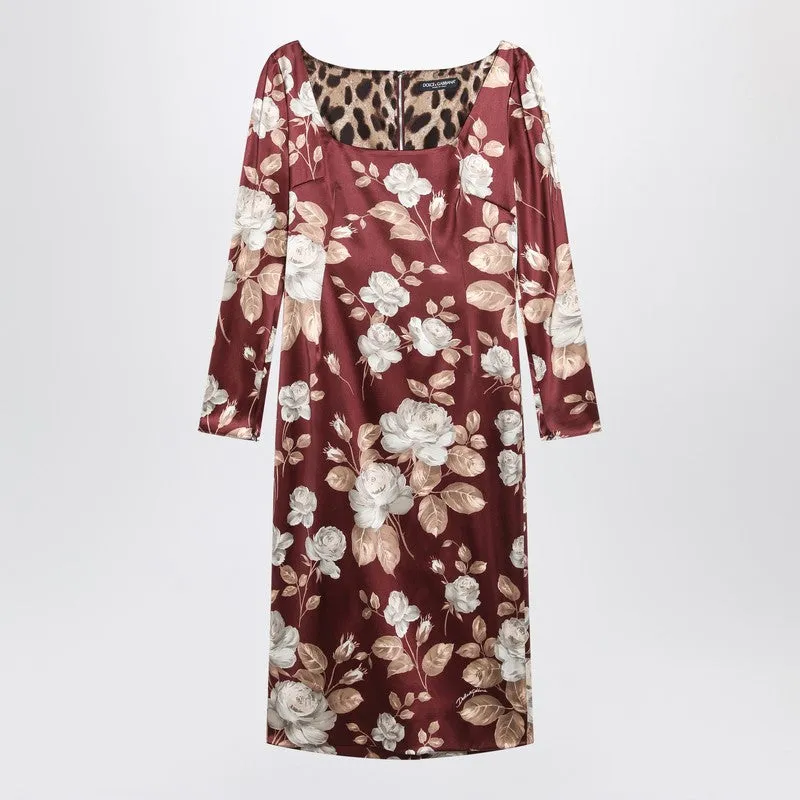 Burgundy Satin Dress With Floral Print made by Dolce & Gabanna