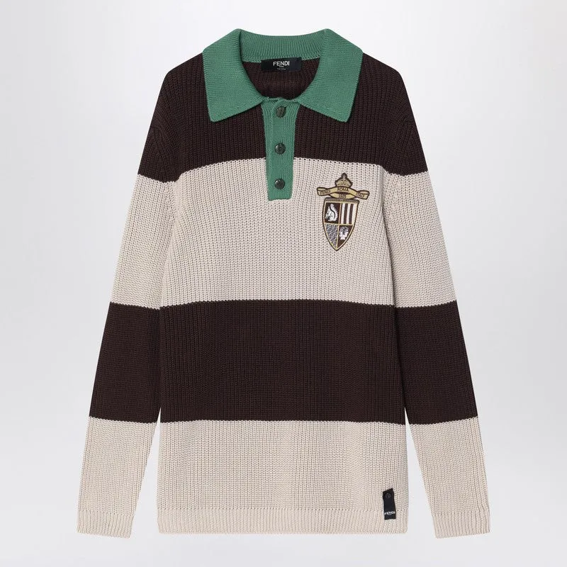Knitted Cotton Polo Shirt With Brown And Beige Stripes sold by Wanan Luxury