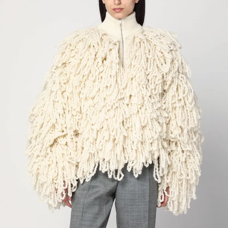 White Wool Bomber Jacket With Fringes made by Stella McCartney