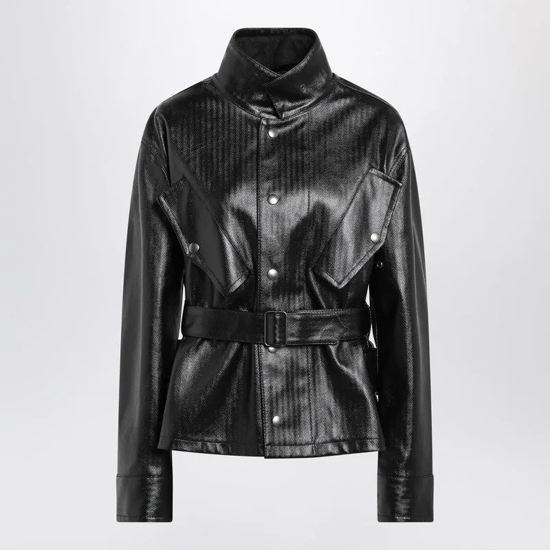 Black Cotton Laminated Belted Jacket sold by Wanan Luxury