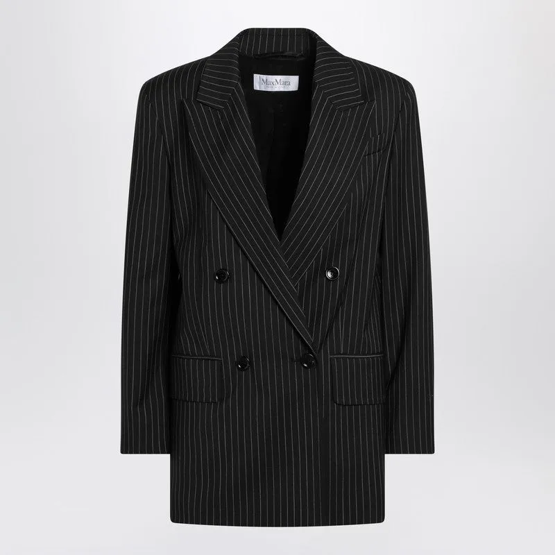 Black Pinstriped Double-Breasted Wool Jacket sold by Wanan Luxury