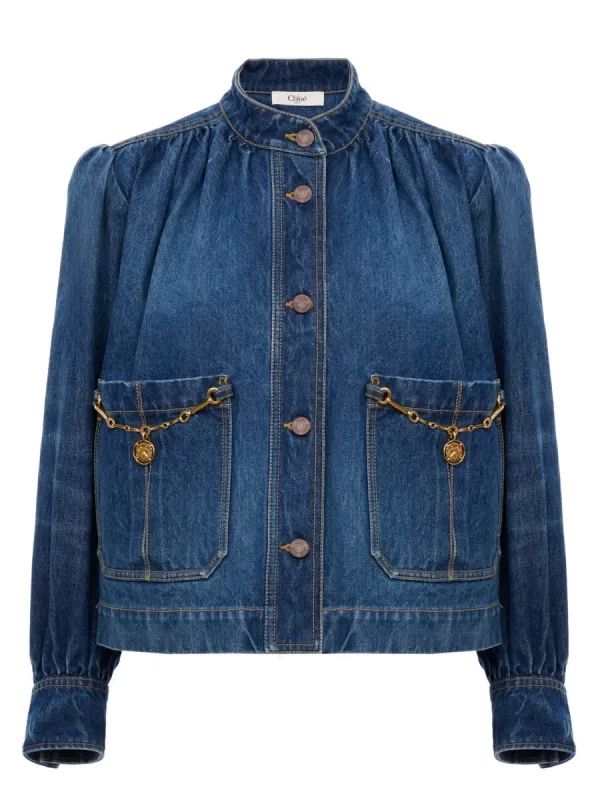 Denim High Neck Gathered Jacket sold by Wanan Luxury