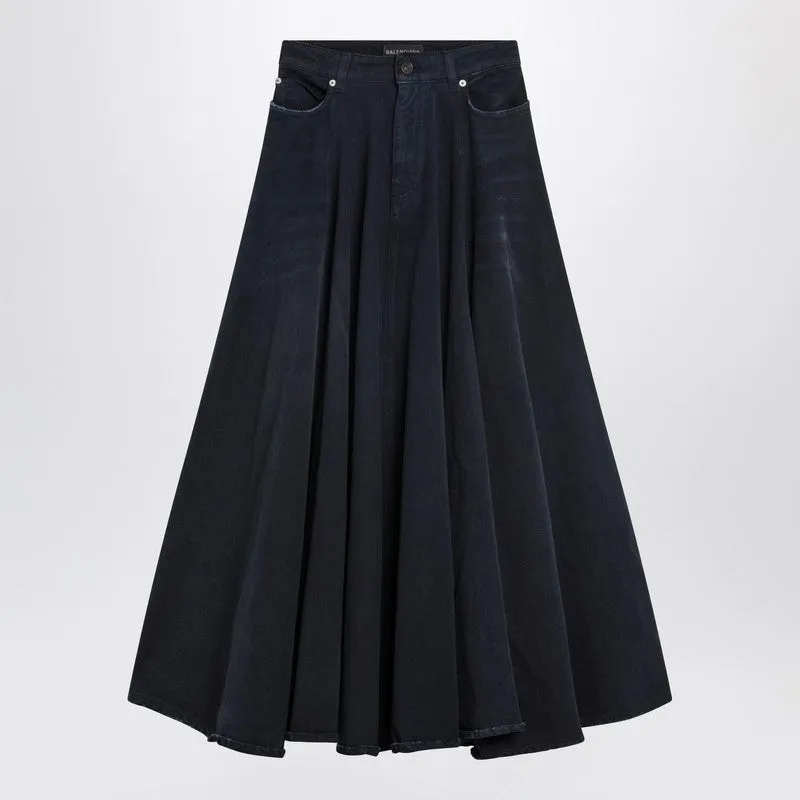 Navy Blue Maxi Godet Denim Skirt sold by Wanan Luxury