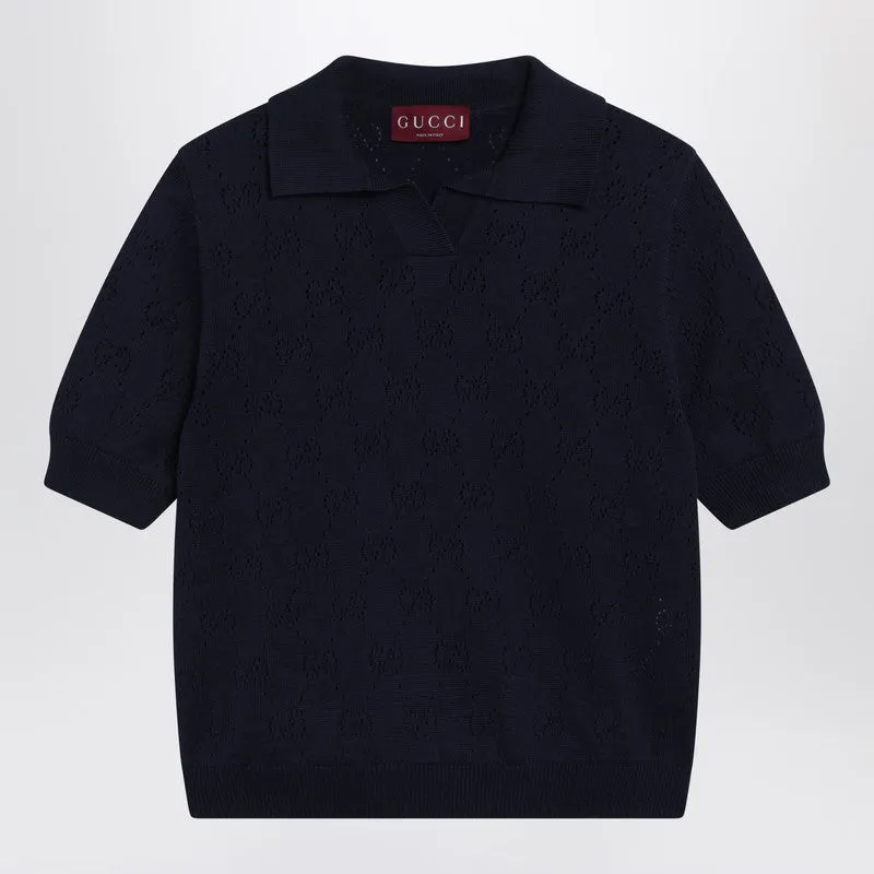 Blue Cotton And Silk Pointelle Polo Shirt With Gg Motif sold by Wanan Luxury