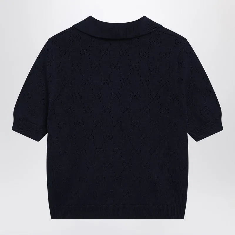 Blue Cotton And Silk Pointelle Polo Shirt With Gg Motif sold by Wanan Luxury product image thumbnail 2