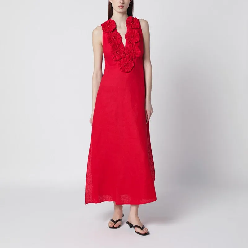 Red Linen Dress With Floral Appliqués sold by Wanan Luxury