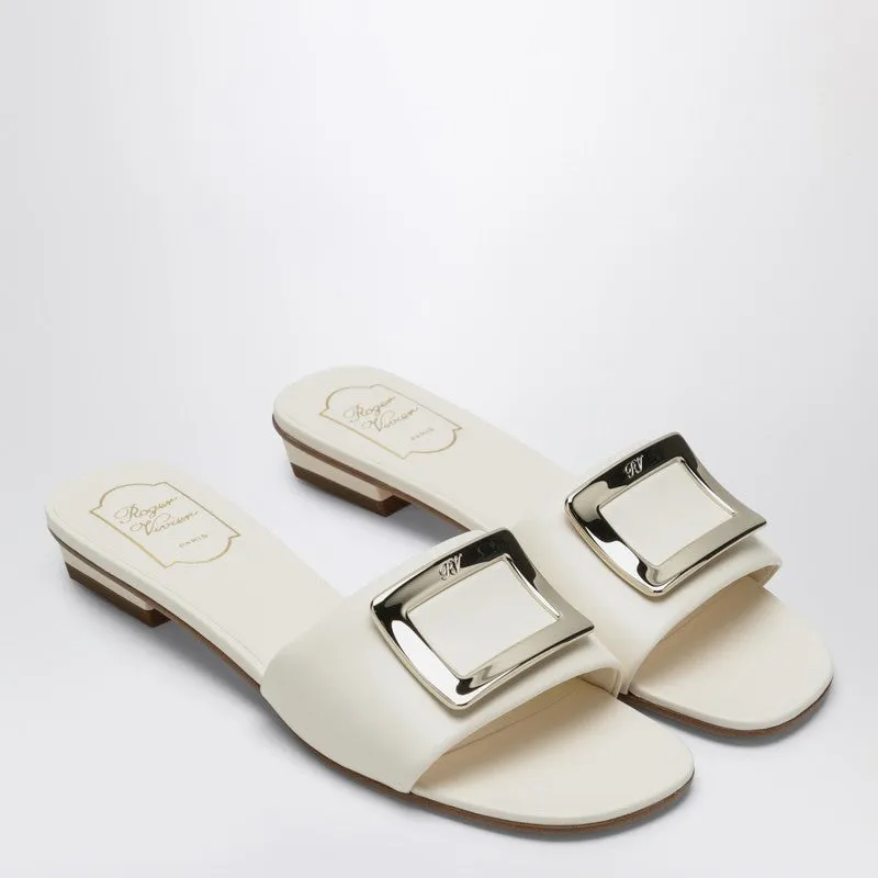 Square Buckle Leather Slides White made by Roger Vivier