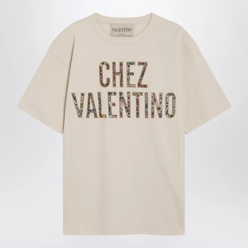 Ivory Cotton T-Shirt With Chez Valentino Floral Motif sold by Wanan Luxury