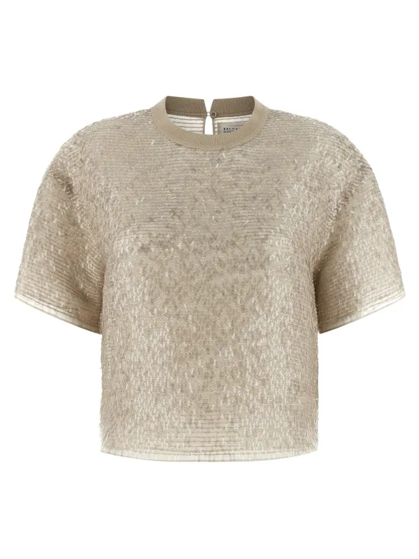 Dazzling Cascade Embroidery T-Shirt Beige made by Brunello Cucinelli