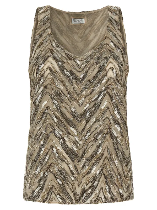 Dazzling Chevron Embroidery Tops Beige made by Brunello Cucinelli